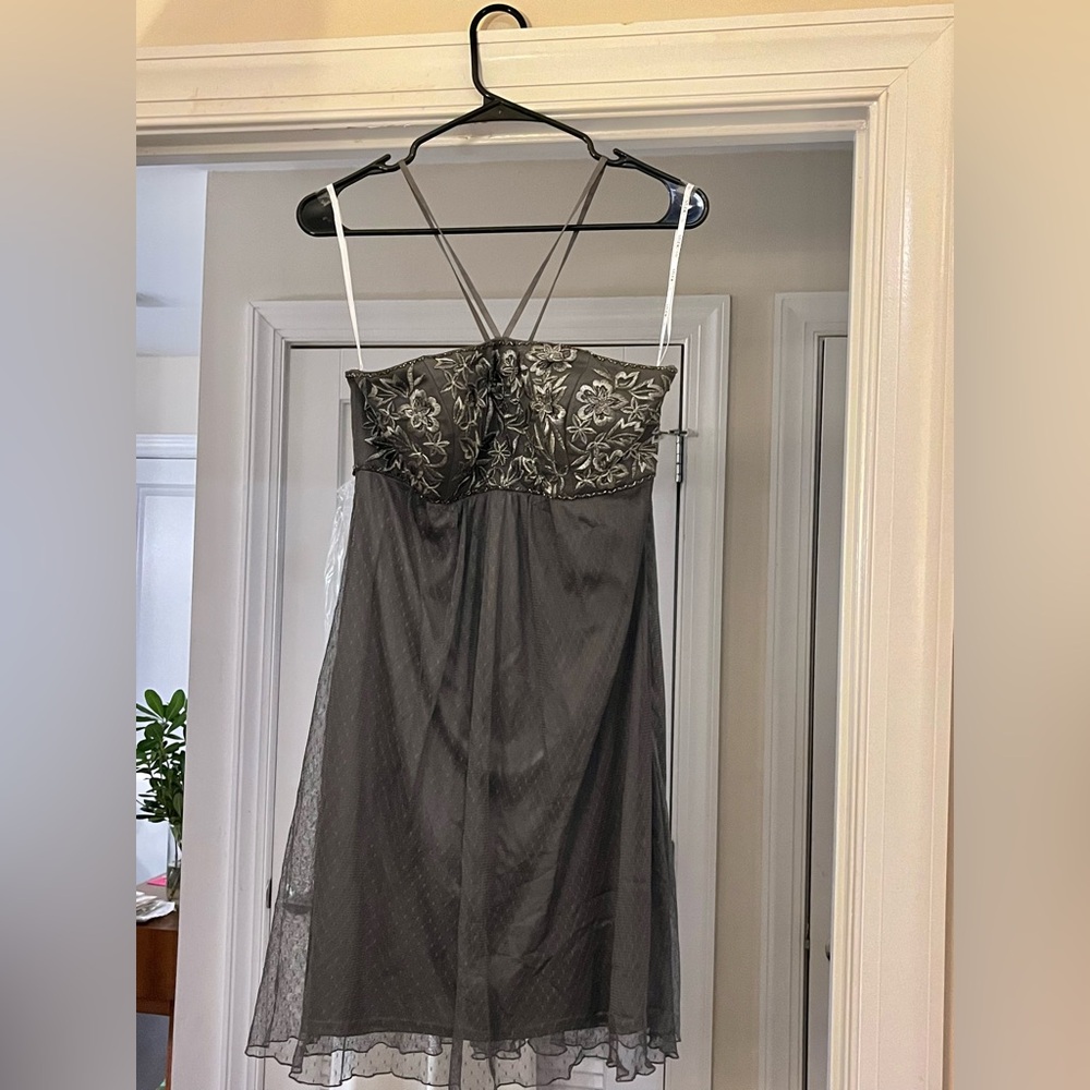 Sue Wong Charcoal Halter Sheet Overlay Short Dress, Size 6